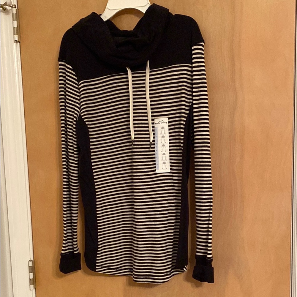 Eddie Bauer Black and Cream Striped Pullover, NWT